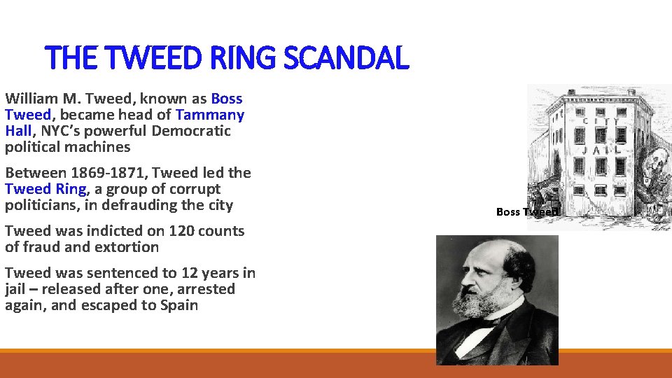 THE TWEED RING SCANDAL William M. Tweed, known as Boss Tweed, became head of