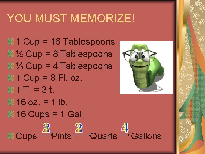 YOU MUST MEMORIZE! 1 Cup = 16 Tablespoons ½ Cup = 8 Tablespoons ¼ YOU MUST MEMORIZE! 1 Cup = 16 Tablespoons ½ Cup = 8 Tablespoons ¼