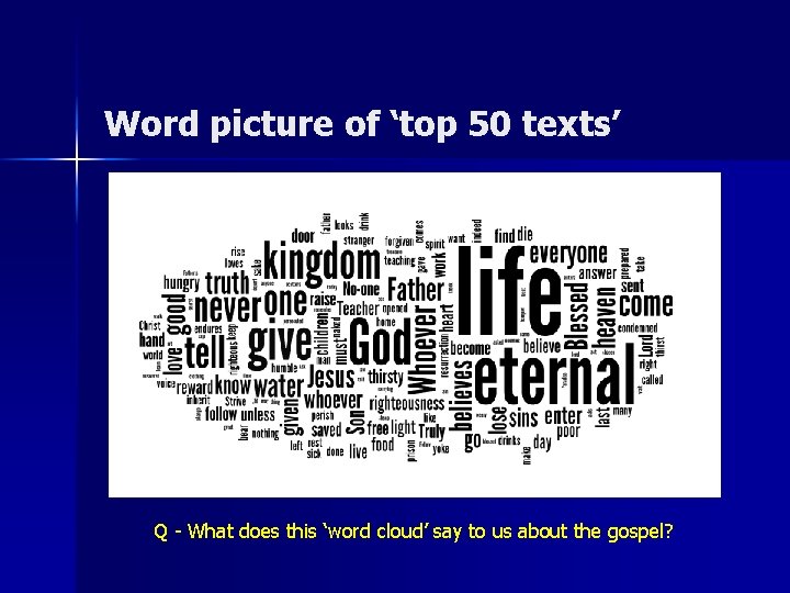 Word picture of ‘top 50 texts’ Q - What does this ‘word cloud’ say