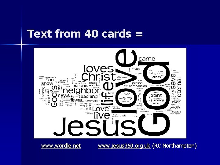 Text from 40 cards = www. wordle. net www. jesus 360. org. uk (RC