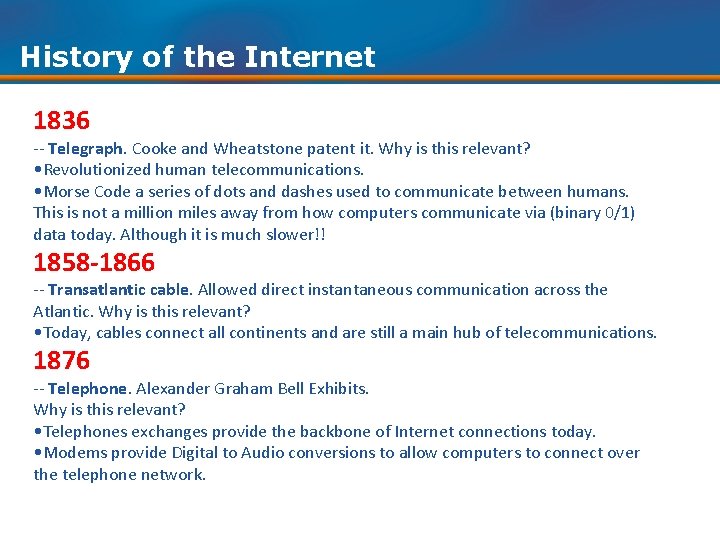History of the Internet 1836 -- Telegraph. Cooke and Wheatstone patent it. Why is