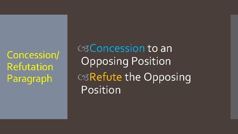 Concession/ Refutation Paragraph Concession to an Opposing Position Refute the Opposing Position 