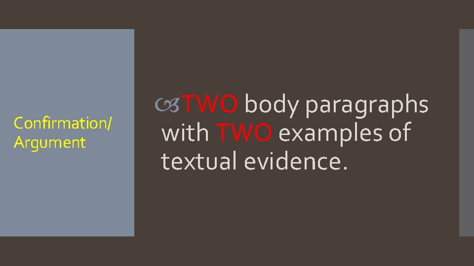 Confirmation/ Argument TWO body paragraphs with TWO examples of textual evidence. 