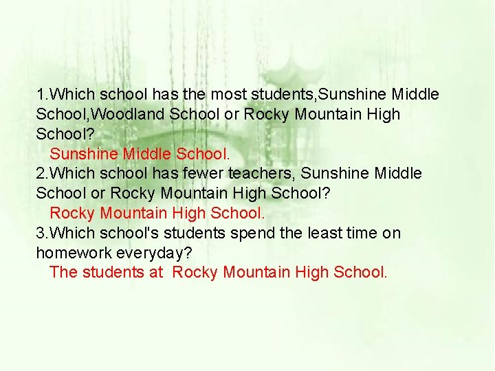 1. Which school has the most students, Sunshine Middle School, Woodland School or Rocky