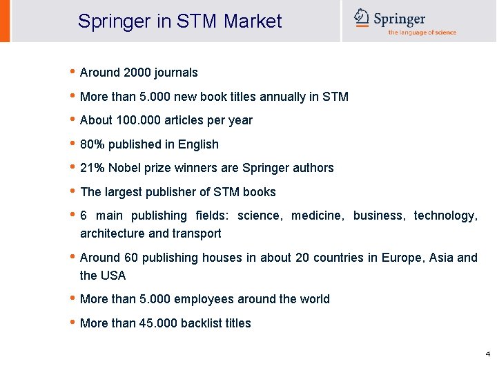 Springer in STM Market • Around 2000 journals • More than 5. 000 new