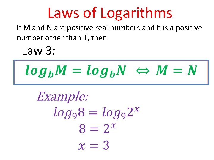Laws of Logarithms If M and N are positive real numbers and b is