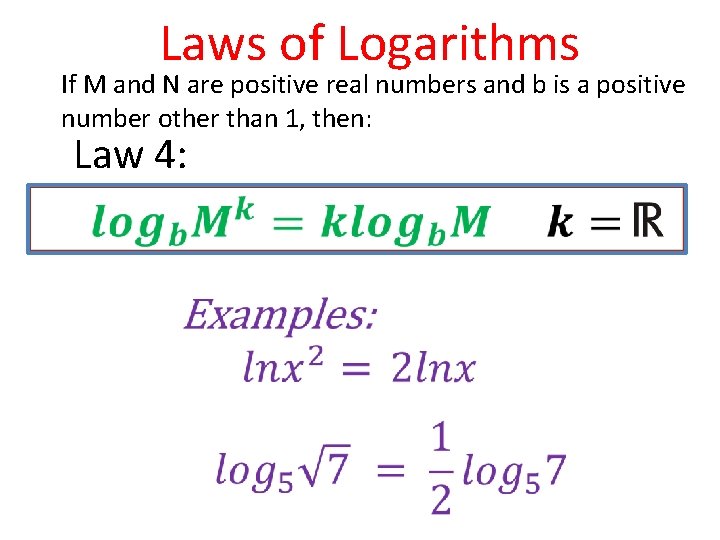 Laws of Logarithms If M and N are positive real numbers and b is