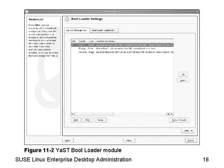 Figure 11 -2 Ya. ST Boot Loader module SUSE Linux Enterprise Desktop Administration 18