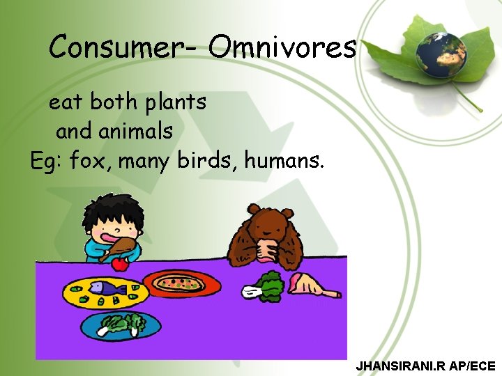 Consumer- Omnivores eat both plants and animals Eg: fox, many birds, humans. JHANSIRANI. R