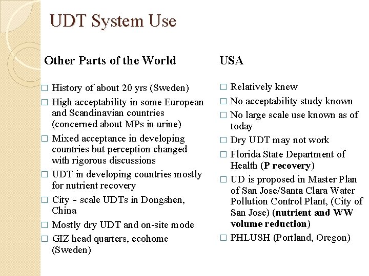 UDT System Use Other Parts of the World History of about 20 yrs (Sweden)