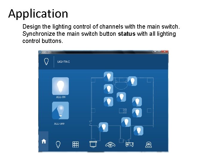 Application Design the lighting control of channels with the main switch. Synchronize the main