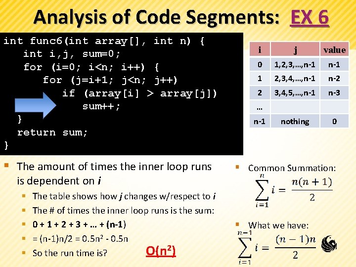 Analysis of Code Segments: EX 6 int func 6(int array[], int n) { int