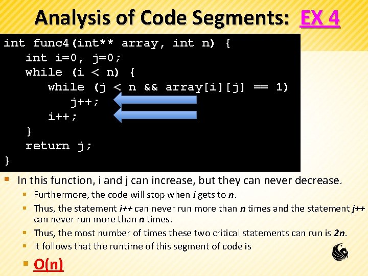 Analysis of Code Segments: EX 4 int func 4(int** array, int n) { int