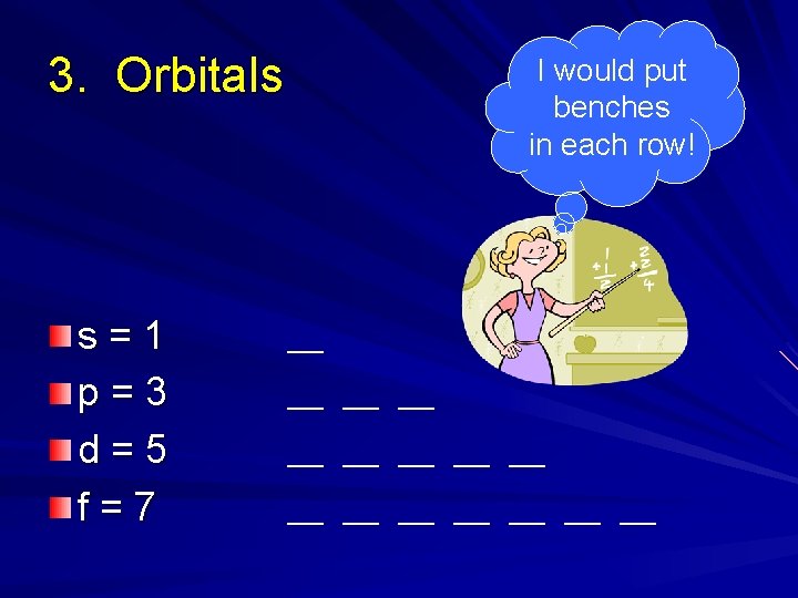 3. Orbitals s=1 p=3 d=5 f=7 I would put benches in each row! ___