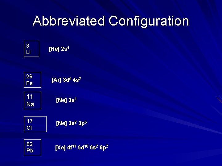 Abbreviated Configuration 3 LI [He] 2 s 1 26 Fe [Ar] 3 d 6