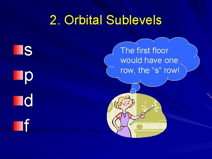 2. Orbital Sublevels s p d f The first floor would have one row,