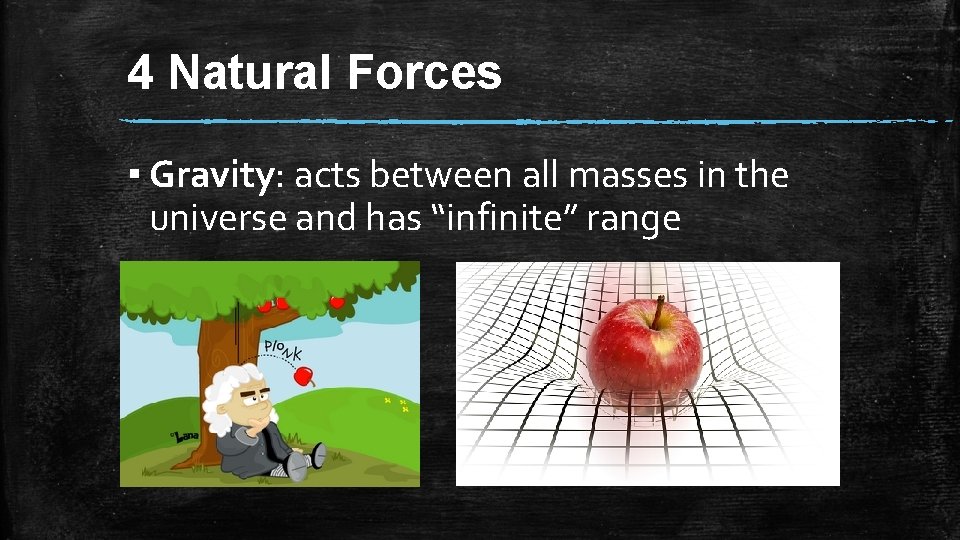 4 Natural Forces ▪ Gravity: acts between all masses in the universe and has