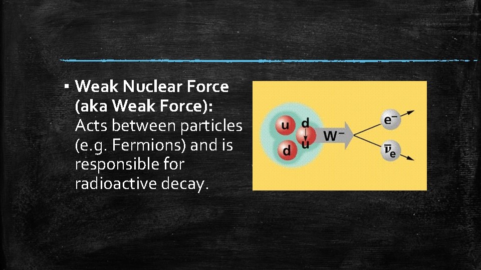 ▪ Weak Nuclear Force (aka Weak Force): Acts between particles (e. g. Fermions) and