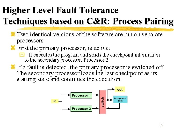 Higher Level Fault Tolerance Techniques based on C&R: Process Pairing z Two identical versions