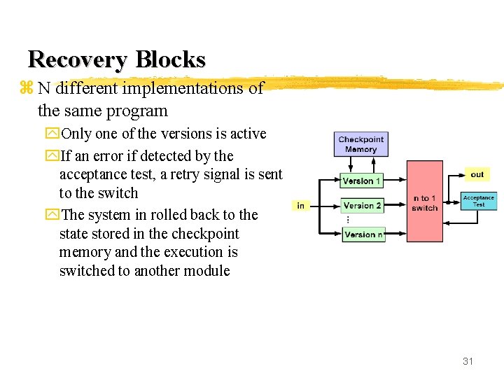 Recovery Blocks z N different implementations of the same program y. Only one of