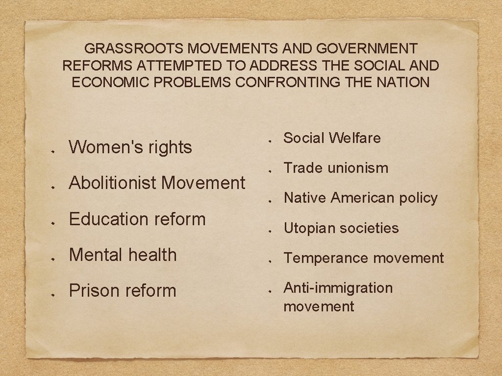 GRASSROOTS MOVEMENTS AND GOVERNMENT REFORMS ATTEMPTED TO ADDRESS THE SOCIAL AND ECONOMIC PROBLEMS CONFRONTING