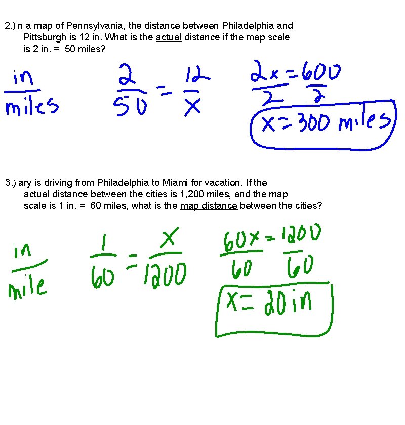 2. ) n a map of Pennsylvania, the distance between Philadelphia and Pittsburgh is