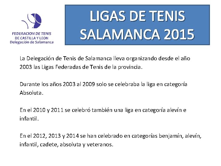 LIGAS DE TENIS SALAMANCA 2015 La Delegación de Tenis de Salamanca lleva organizando desde