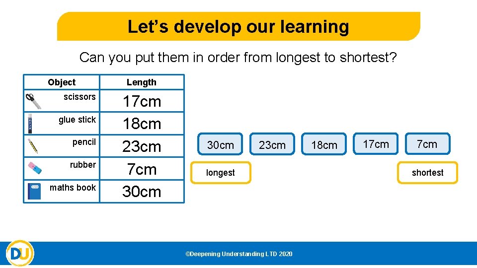 Let’s develop our learning Can you put them in order from longest to shortest? Let’s develop our learning Can you put them in order from longest to shortest?