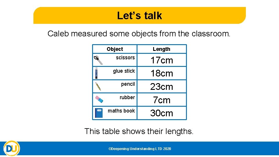 Let’s talk Caleb measured some objects from the classroom. Object scissors glue stick pencil Let’s talk Caleb measured some objects from the classroom. Object scissors glue stick pencil