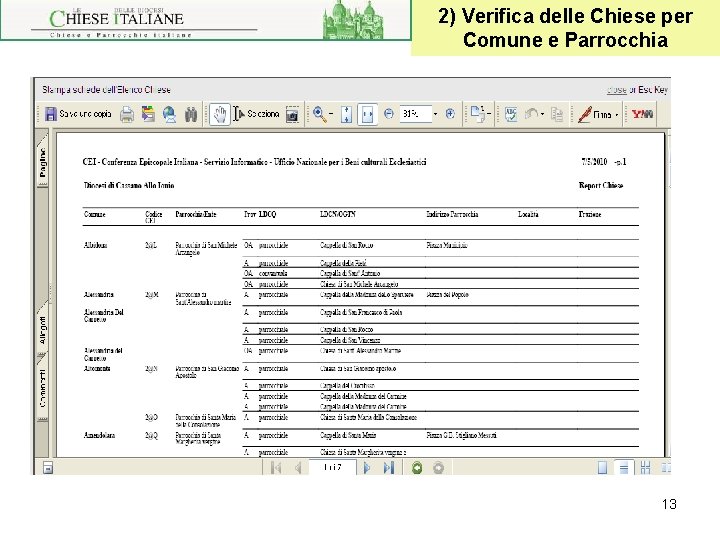 2) Verifica delle Chiese per Comune e Parrocchia 13 