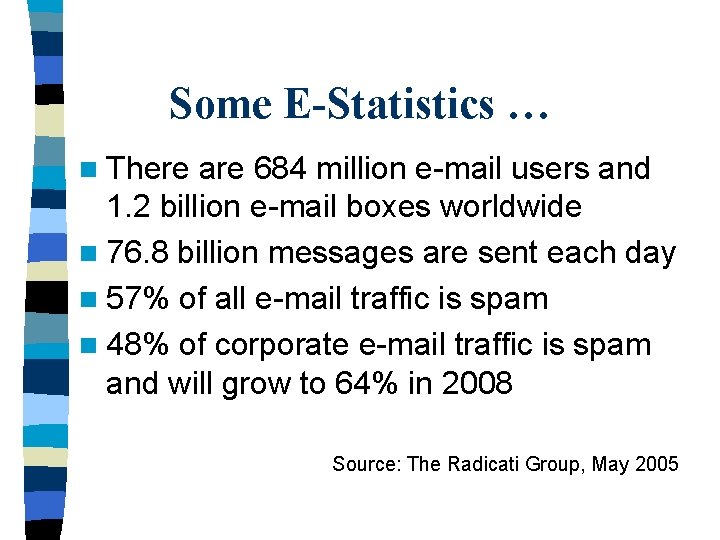 Some E-Statistics … n There are 684 million e-mail users and 1. 2 billion