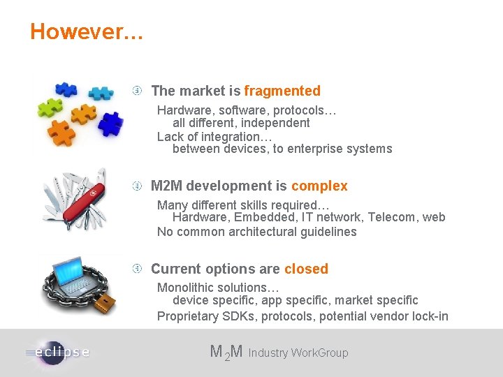 However… The market is fragmented Hardware, software, protocols… all different, independent Lack of integration…