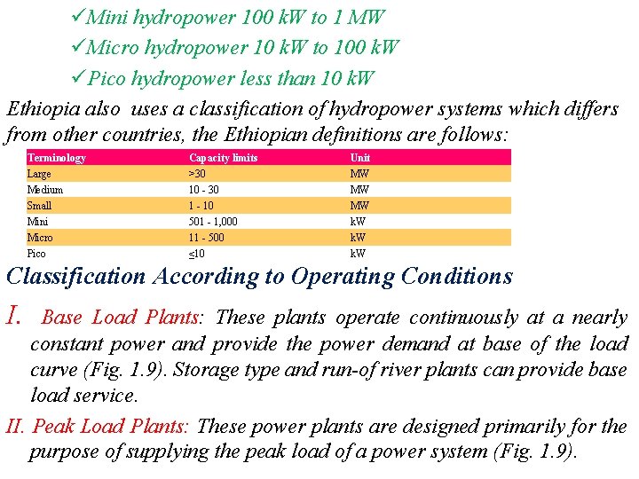 üMini hydropower 100 k. W to 1 MW üMicro hydropower 10 k. W to