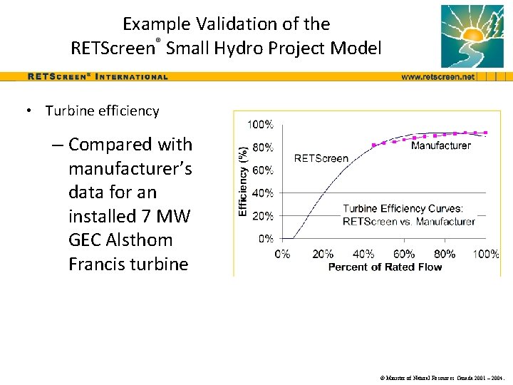 Example Validation of the RETScreen® Small Hydro Project Model • Turbine efficiency – Compared