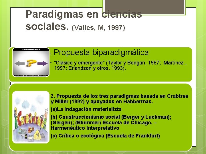 Paradigmas en ciencias sociales. (Valles, M, 1997) 1. Propuesta biparadigmática • “Clásico y emergente”