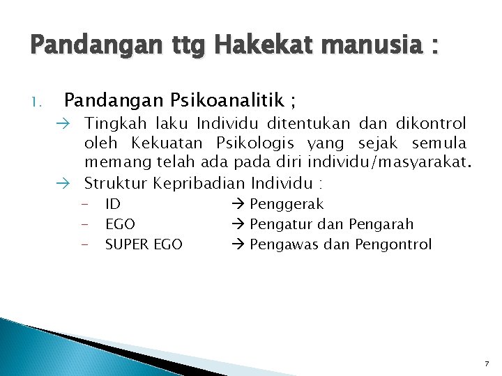 Pandangan ttg Hakekat manusia : 1. Pandangan Psikoanalitik ; Tingkah laku Individu ditentukan dikontrol