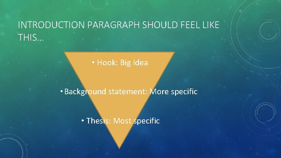 INTRODUCTION PARAGRAPH SHOULD FEEL LIKE THIS… • Hook: Big Idea • Background statement: More INTRODUCTION PARAGRAPH SHOULD FEEL LIKE THIS… • Hook: Big Idea • Background statement: More