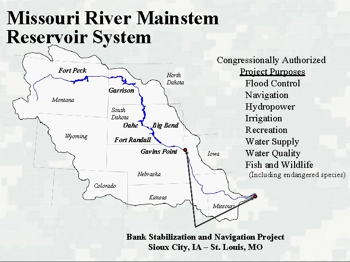 Missouri River Mainstem Reservoir System Fort Peck North Dakota Garrison Montana South Dakota Oahe