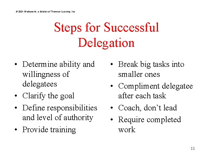 © 2001 Wadsworth, a division of Thomson Learning, Inc Steps for Successful Delegation •