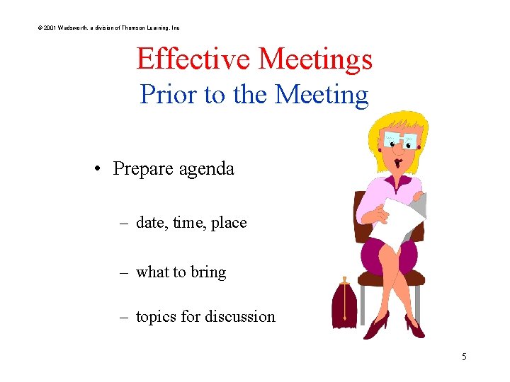 © 2001 Wadsworth, a division of Thomson Learning, Inc Effective Meetings Prior to the