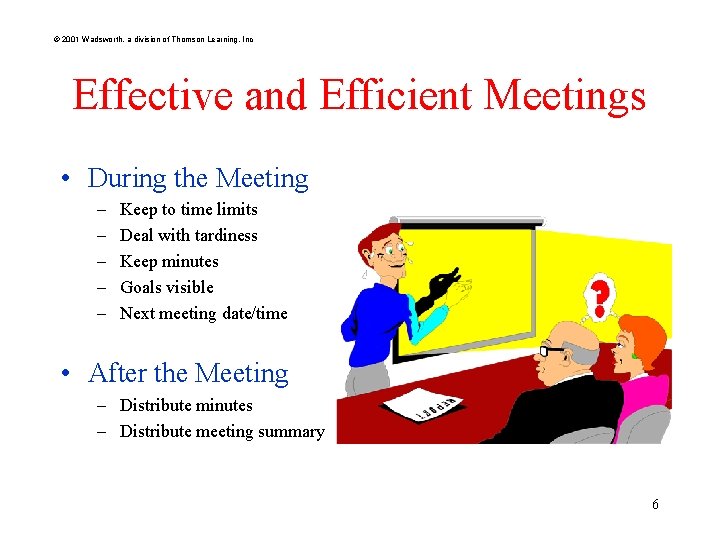 © 2001 Wadsworth, a division of Thomson Learning, Inc Effective and Efficient Meetings •