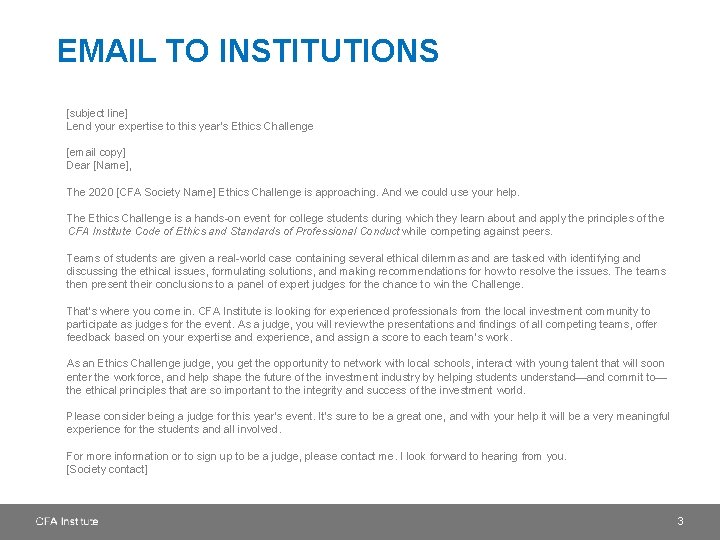 EMAIL TO INSTITUTIONS [subject line] Lend your expertise to this year’s Ethics Challenge [email