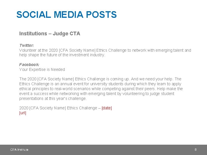 SOCIAL MEDIA POSTS Institutions – Judge CTA Twitter: Volunteer at the 2020 [CFA Society