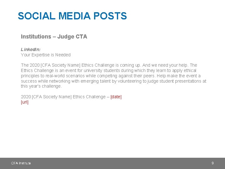 SOCIAL MEDIA POSTS Institutions – Judge CTA Linked. In: Your Expertise is Needed The