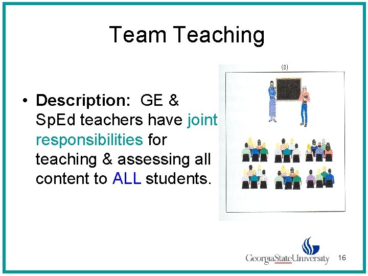 Team Teaching • Description: GE & Sp. Ed teachers have joint responsibilities for teaching