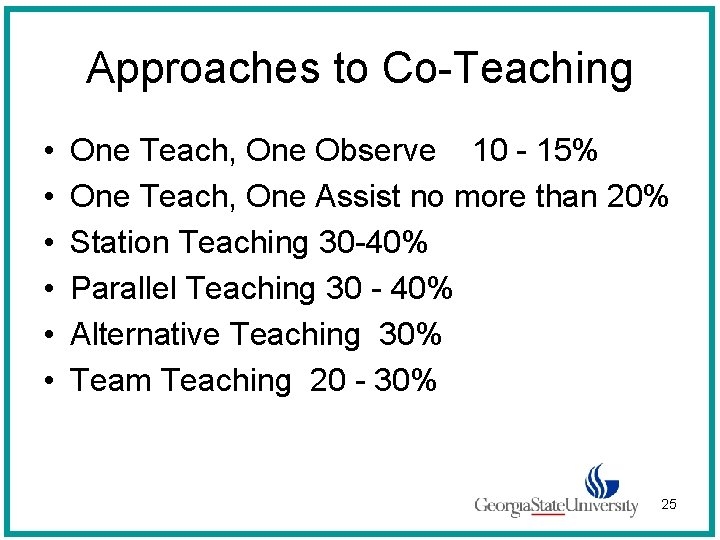 Approaches to Co-Teaching • • • One Teach, One Observe 10 - 15% One
