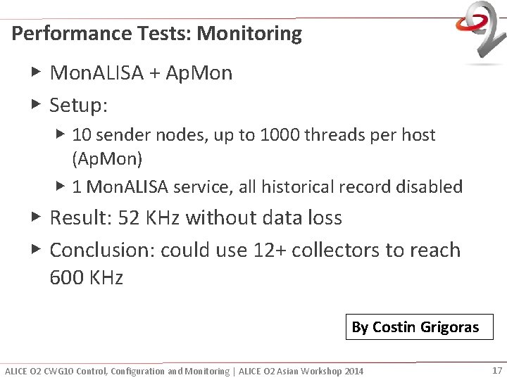 Performance Tests: Monitoring ▶ Mon. ALISA + Ap. Mon ▶ Setup: ▶ 10 sender