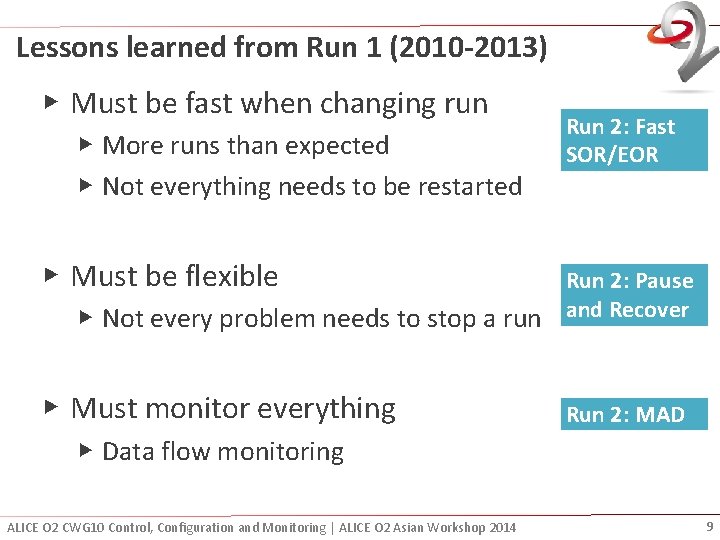 Lessons learned from Run 1 (2010 -2013) ▶ Must be fast when changing run