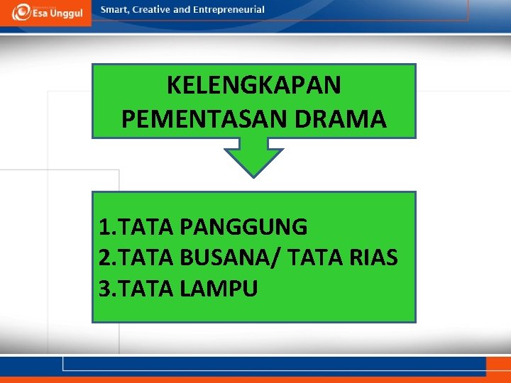 KELENGKAPAN PEMENTASAN DRAMA 1. TATA PANGGUNG 2. TATA BUSANA/ TATA RIAS 3. TATA LAMPU