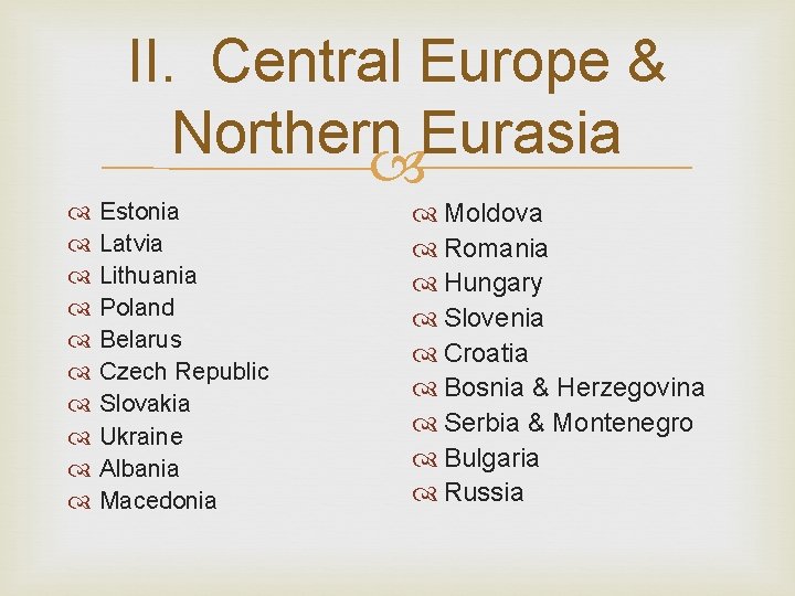 II. Central Europe & Northern Eurasia Estonia Latvia Lithuania Poland Belarus Czech Republic Slovakia
